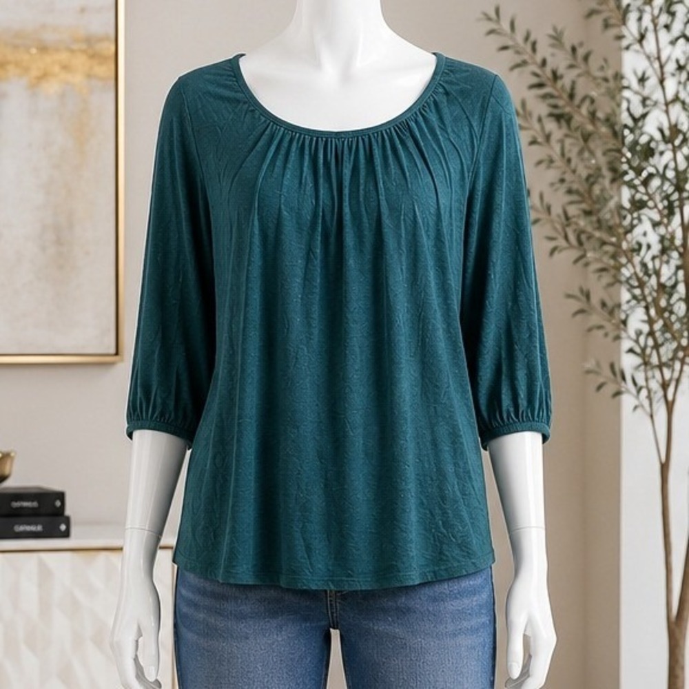 Elegantees Womens Top Teal Green 3/4 Sleeve Gathered Scoop Neck Medium